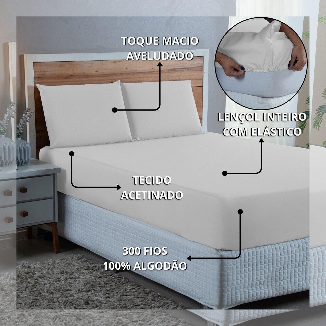 Jogo de Cama Lençol King Size 300 Fios Algodão 4 Peças Conjunto com Elástico e Fronhas:branco - 5