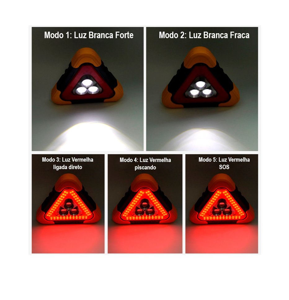 Triângulo Refletor Luminária Recarregável Super LED Luminoso Sinalização Carro Pilha AA - 4