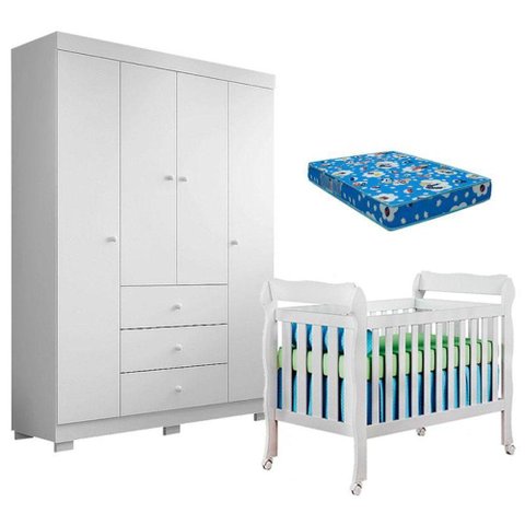 Berço Americano Lila e Guarda Roupa Duda 4 Portas Branco Brilho com Colchão Ortobom - Phoenix Baby