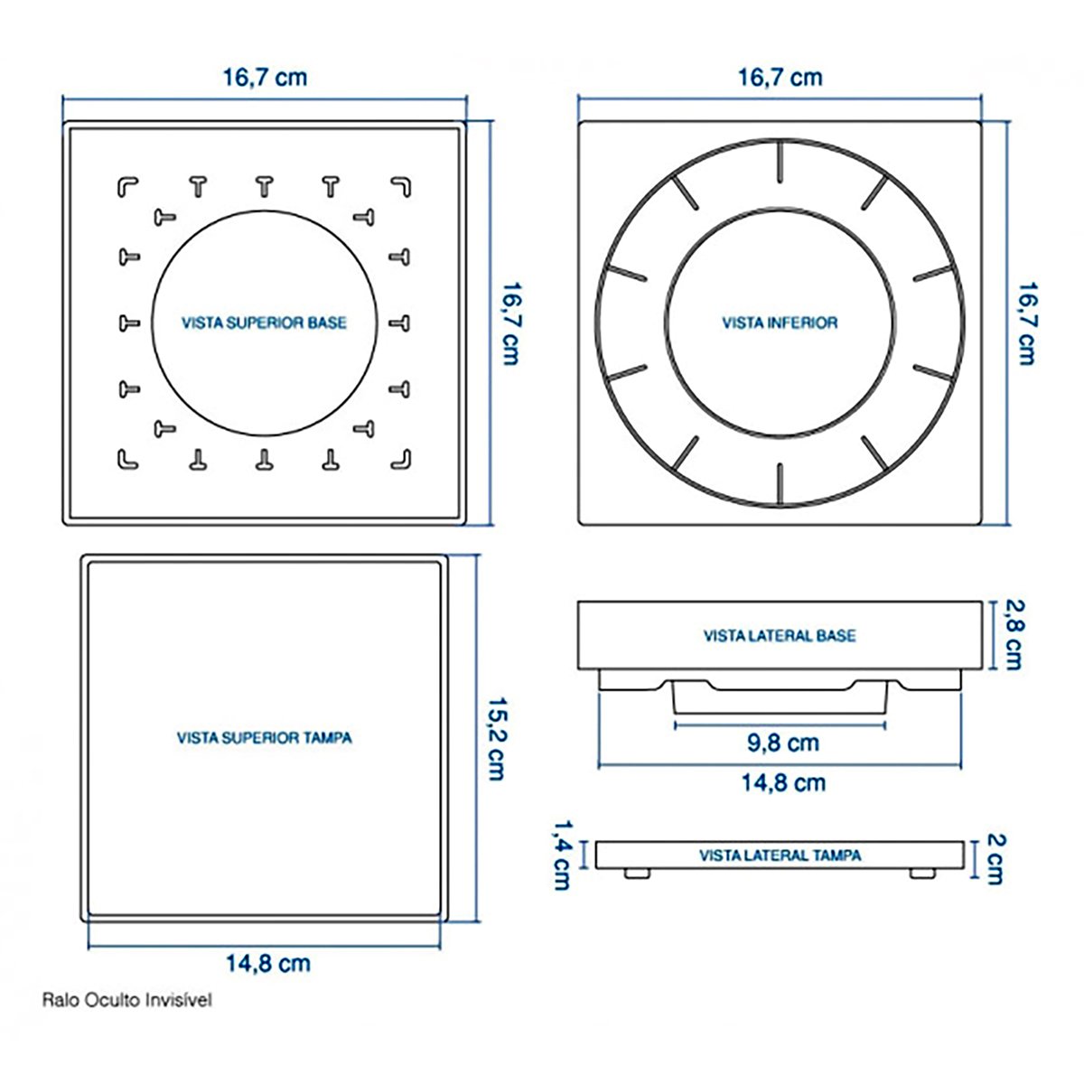 Ralo Oculto Invisível 15x15 com Encaixe Universal Preto - 10