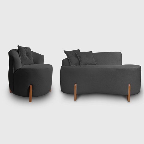 Kit Sofá Orgânico Feijão com Poltrona Pé de Madeira Bouclé Minimalista