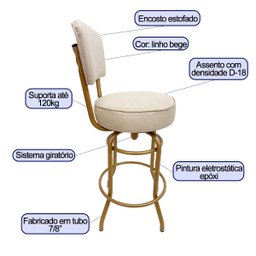 Kit 4 Banquetas Bar Cor Dourado Fosco Bancada Média Altura 65cm Giratória Encosto Estofado Assento L - 2