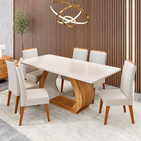 Conjunto Sala de Jantar 6 Lugares Retangular Tampo em MDF Midy Yescasa Bege/Mel/Blonde