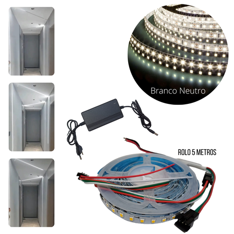 Kit Fita de Led 5m 2835 com Luz Efeito Sequencial de Correr Vai e Volta para Perfil de Led com Fonte