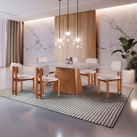 Conjunto Sala de Jantar 6 Lugares Lotus Mesa e Cadeiras Madeira Maciça e Tecido Linho Luxo