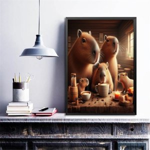 Quadro Família Capivaras Tomando Café 45x34cm:madeira Preta