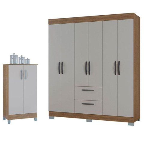Guarda Roupa Casal Tóquio 6 Portas com Armário Multiuso 2 Portas Pequeno Castanho Off White -