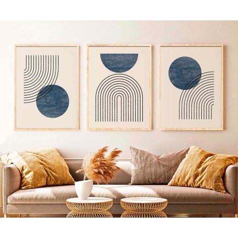 Kit 3 Quadros Abstrato Bolas Azuis com Linhas Curvadas - Tela Canvas com Moldura Flutuante em Vários