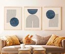 Ver imagem 1 de Kit 3 Quadros Abstrato Bolas Azuis com Linhas Curvadas - Tela Canvas com Moldura Flutuante em Vários