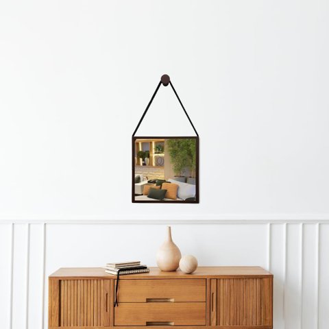 Espelho Quadrado 50cm Adnet Moldura Alumínio com Alça Costurada - Marrom Alça Caramelo