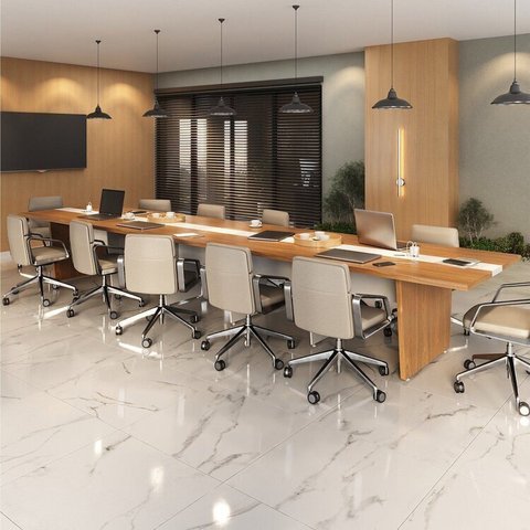 Mesa Reunião Escritório 12 Lugares com Caixa de Tomada, Tampo Engrossurado 50mm Marrom/Freijó/Branco Artany