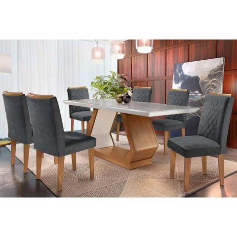 Conjunto: Mesa Sala Jantar Alvorada Tampo Madeirado C/ Vidro Canto Reto 180x90cm e 6 Cadeiras Jade