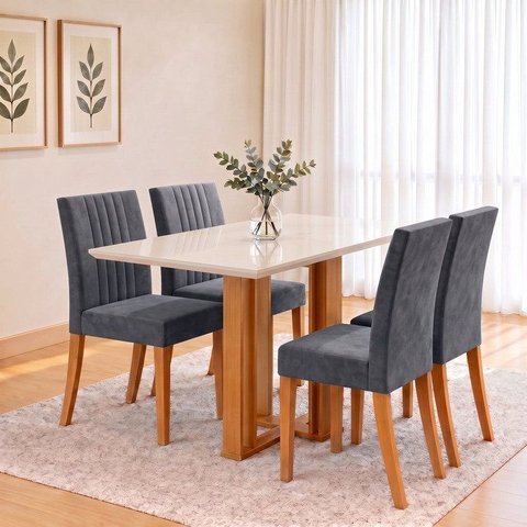 Conjunto Sala de Jantar Mesa Manu 120cm Tampo MDF e Vidro Canto Reto 4 Cadeiras Lily