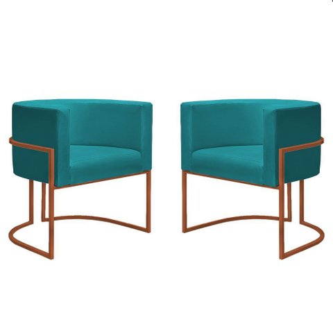 Kit 2 Poltronas Reforçada Decorativa Sala Nayara Base Ferro Bronze Suede Azul Tifany