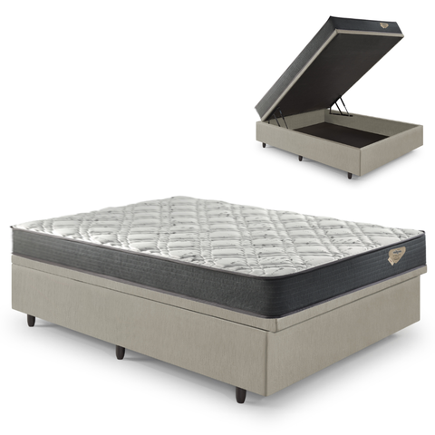 Cama Box Casal com Baú 138x188 com Colchão Adapto Molas Ensacadas Ecoflex Courino Linho