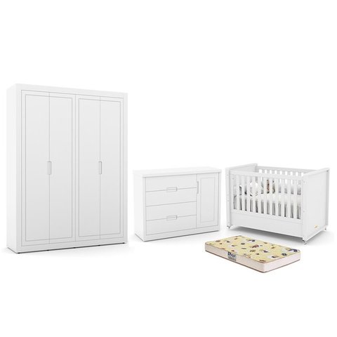 Dormitório Tutto New 4 Portas, Cômoda 1 Porta, Berço Branco Soft com Colchão D18 - Matic Móveis