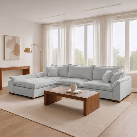 Sofá de Canto 6 Lugares com Chaise Modulado 280cm com Base em Madeira Maciça Dominique Yescasa