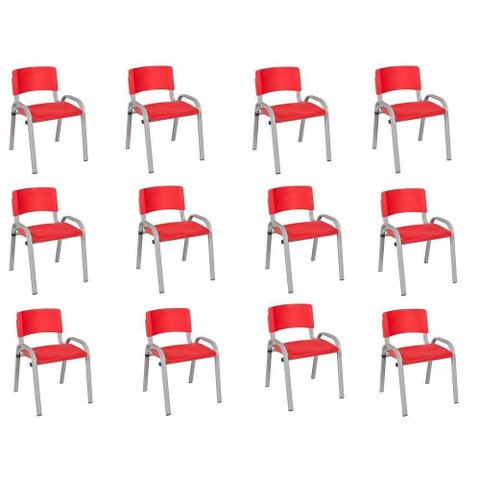 Kit 12 Cadeira Iso Infantil Creche, Base Cinza Vermelho