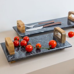 Bandeja Decorativa de Pedra Mármore Preto com Alça de Madeira 40cm RJC0004 BTC - 1 Bandeja Decorativa de Pedra Mármore Preto com Alça de Madeira 40cm RJC0004 BTC - 1