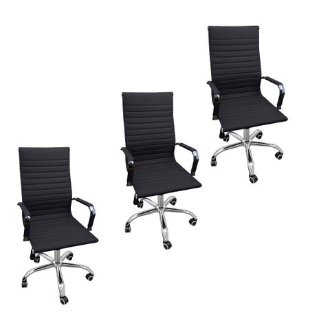 Kit 3 Cadeiras Eames Esteirinha Presidente Escritório Alta Preta