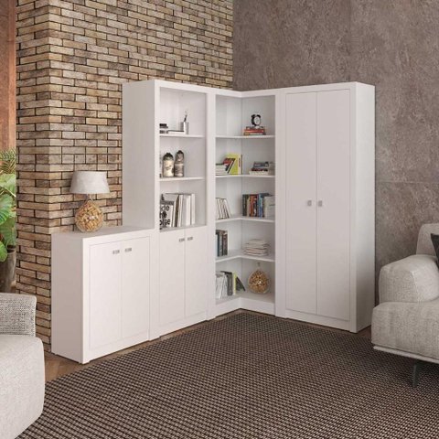 Kit Escritório Multiuso 4 Peças Estantes Armário Balcão 6 Portas MDP Branco