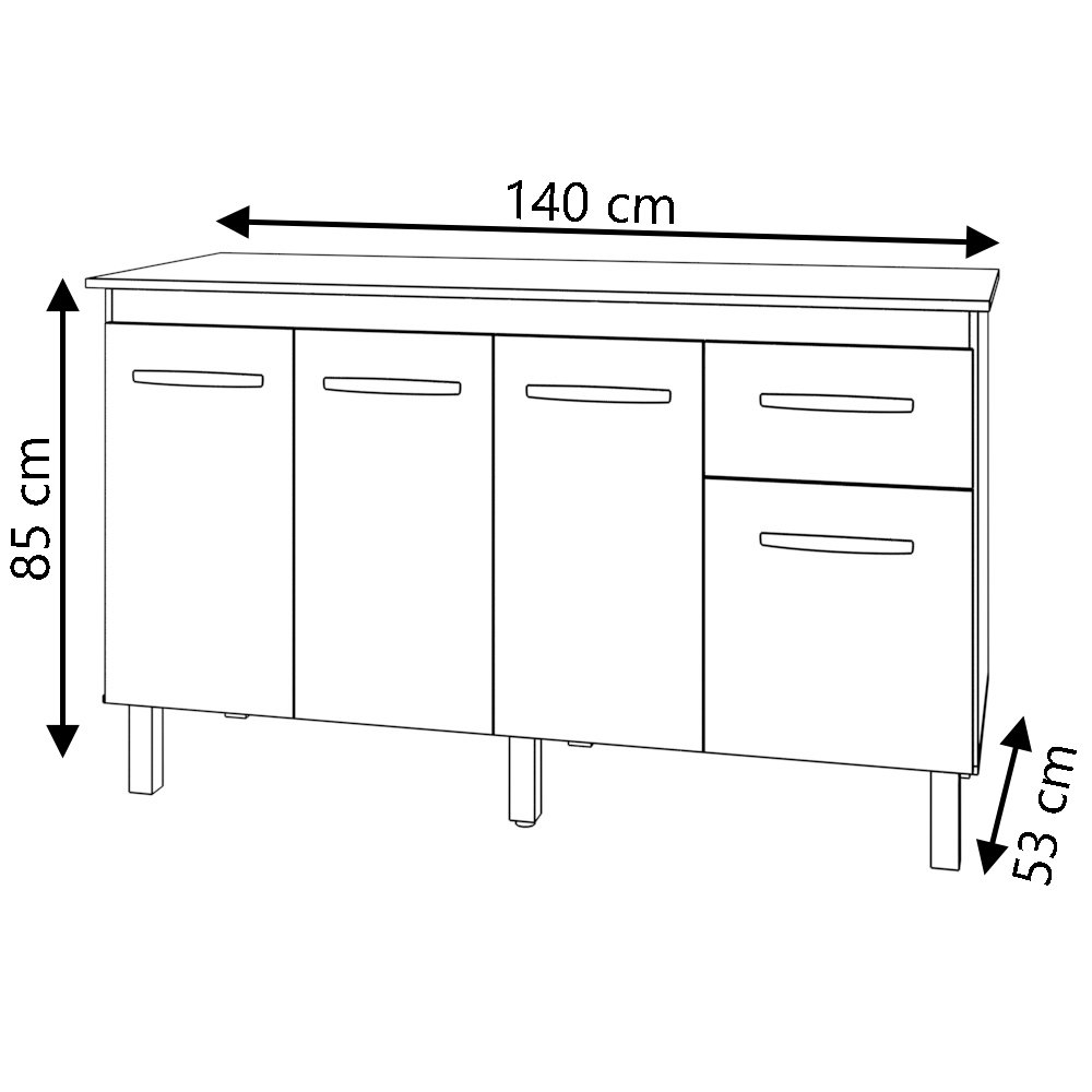 Balcão Cozinha Armário Gabinete Camila Savana Preto com Tampo Tampão 140 Cm Mobília Decor Savana - 5