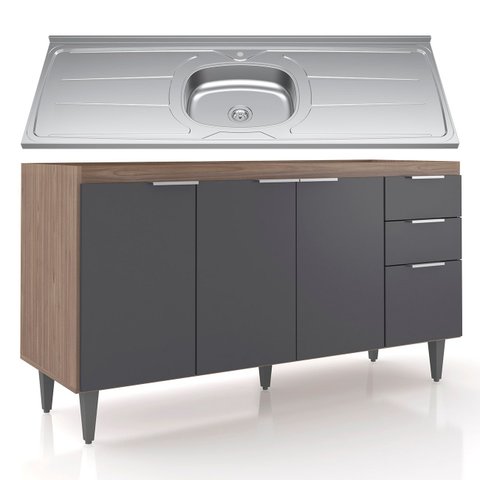 Balcão de Cozinha com Pia Inox 150cm Pérola Z34 Freijó/grafite - Mpozenato