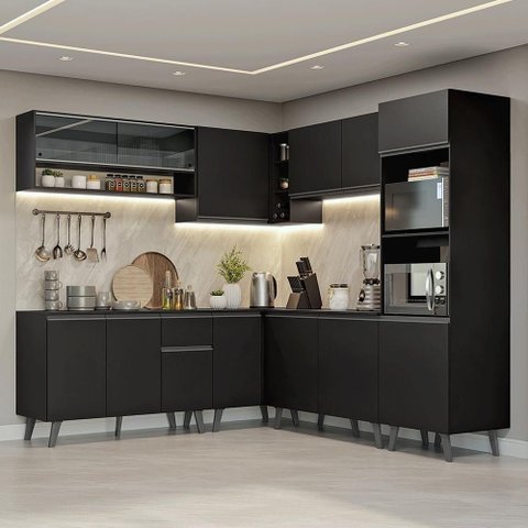 Armário de Cozinha Completa de Canto 445 Cm Preto Nice Madesa 01 Preto
