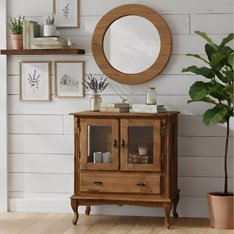 Cristaleira de Madeira 2 Portas 1 Gaveta Vidros na Lateral Pés Luiz Xv