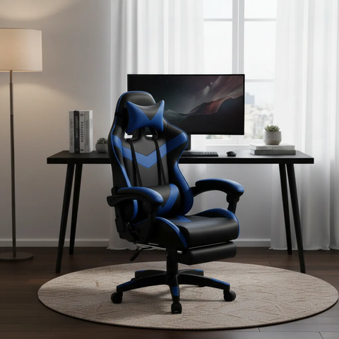 Cadeira Escritório Gamer Nitro Azul Ergonômica Couro Sintético Reclinável Altura Ajustável Luvinco