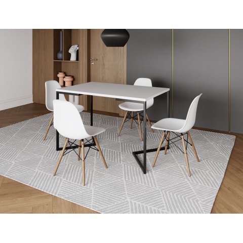 Mesa Industrial Base Ferro Preto em V Tampo 137x90 Branco 4 Cadeiras Eames Madeira Assento Branco