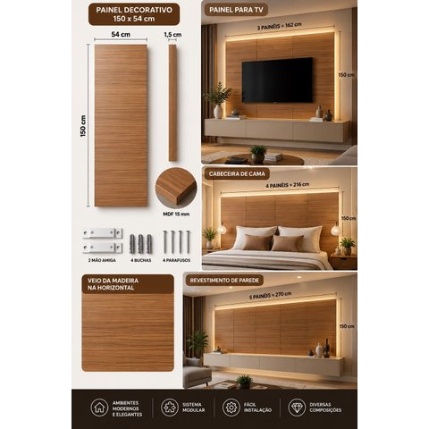 Painel Decorativo Modular Florêncio 150x54cm MDF 15mm Freijó para TV e Cabeceira