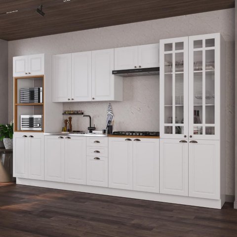Armário de Cozinha Modulada Completa Fidelitá Nara 100% MDF 6 Peças 350cm 18 Portas 2 Gavetas sem