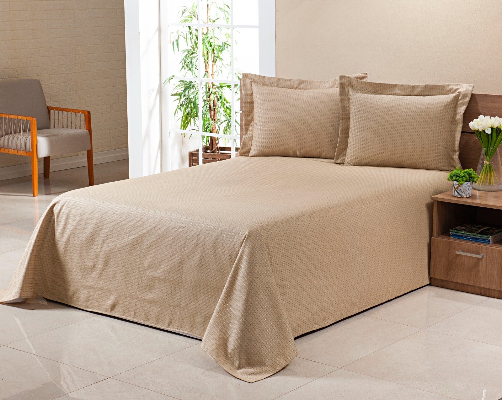 Colcha Cobre Leito Piquet Casal Queen 3pçs Liso Bege