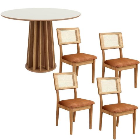 Mesa Jantar Redonda Mdf e 4 Cadeiras Tela Palha Cor:freijó com Off White e Bouclé Cesare Terracota