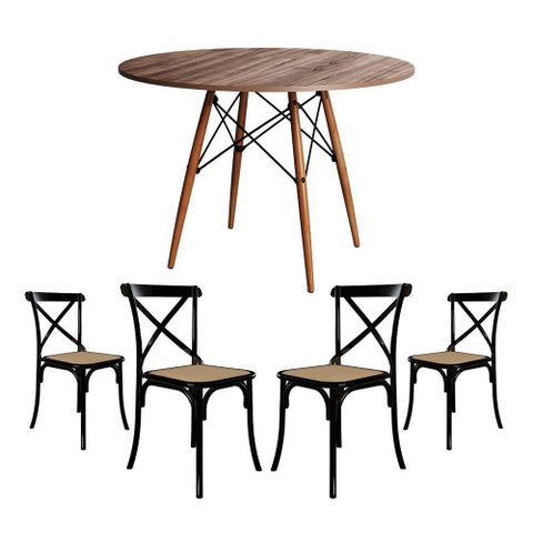 Jogo de Mesa Eiffel Redondo Tampo de Madeira 110cm Amêndoa com 4 Cadeiras Katrina Pretoo Bege