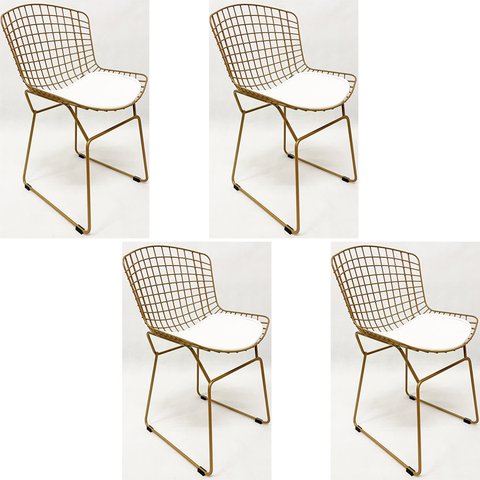 Kit 4 Cadeiras para Cozinha Bertoia tradicional cor Dourado fosco assento branco - Poltronas do Sul
