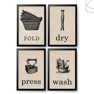 Kit com 4 Quadros decorativos Lavanderia Retrô:Preta
