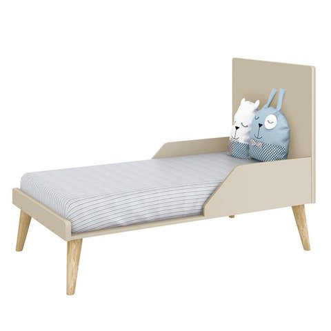 Jogo de Quarto Infantil Theo guarda Roupa 2 Portas e Berço Areia Fosco com Pés Madeira Natural