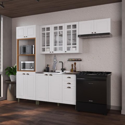 Armário de Cozinha Modulada Compacta Fidelitá Nara 100% MDF 4 Peças 270cm 12 Portas 2 Gavetas sem