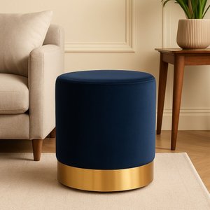 Puff com Rodapé Dourado Azul Veludo