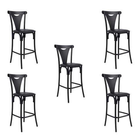 Kit 5 Banquetas Altas Viena em Aço Preto para Cozinha e Bancada Gourmet com Assento Corino - Preto