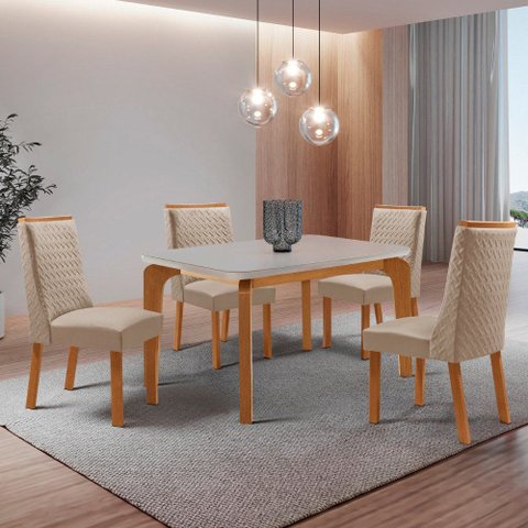 Mesa de Jantar Liz 120 cm Tampo MDF Vidro Canto Copo com 4 Cadeiras Carolina