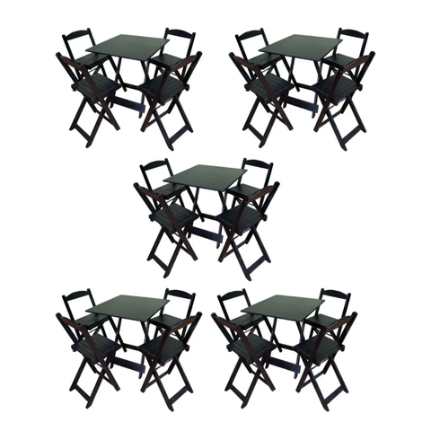 Kit 5 Jogos de Mesa Dobráveis 70x70cm com 20 Cadeiras Madeira Maciça Preto