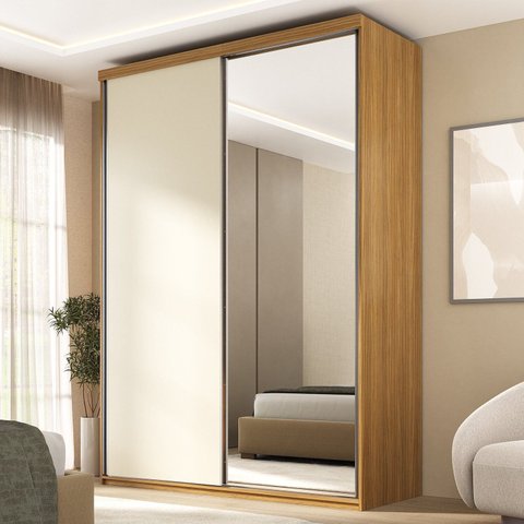 Guarda Roupa Solteiro 100% MDF BP 2 Portas com 1 Espelho 2 Gavetas Liege Marrom/Nogueira/Off White