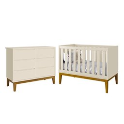 Jogo de Quarto Infantil Classic Cômoda 6 Gavetas e Berço Areia Fosco com Pés Amadeirado - Reller - 1