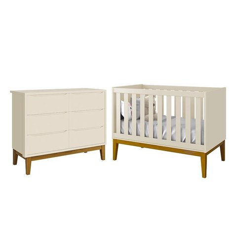 Jogo de Quarto Infantil Classic Cômoda 6 Gavetas e Berço Areia Fosco com Pés Amadeirado - Reller