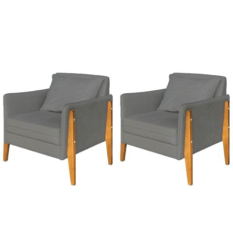 Kit 2 Poltronas Decorativa Sophia Suede Cinza Pés Madeira Ms Decor