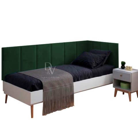 Conjunto Cabeceira Painel Estofada Cama de Solteiro - Verde Musgo