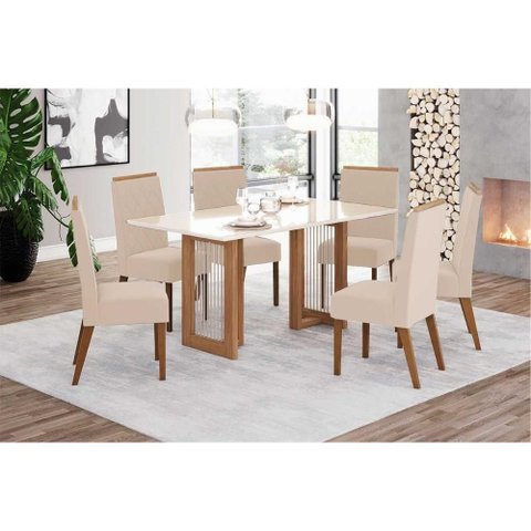 Sala de Jantar Completa Yara C/ Tampo Madeirado C/ Vidro Reto 160x90cm e 6 Cadeiras Nina Nature/